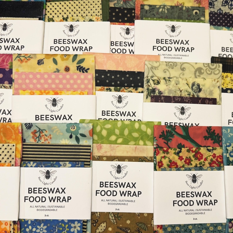 3 Piece Beeswax Wrap Starter Pack / Reusable Eco Friendly Food Safe Wraps / Kitchen Storage USA MADE / Green Living / Random Three / Cotton
