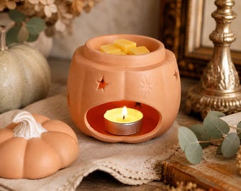 Terracotta Jack-O’-Lantern Wax Melt Warmer, Ceramic Pumpkin Oil Burner, Halloween Tealight Candle Holder, Rustic Fall Tabletop Accent Decor