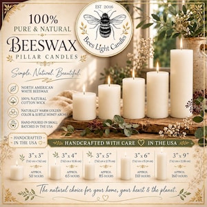May include: A display of white beeswax pillar candles of varying heights, some lit, on a wooden surface. The image includes text indicating the candles are handcrafted in the USA, made with natural beeswax and cotton wicks, and come in sizes from 3"x3" to 3"x9".