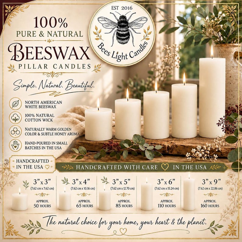 May include: A display of white beeswax pillar candles of varying heights, some lit, on a wooden surface. The image includes text indicating the candles are handcrafted in the USA, made with natural beeswax and cotton wicks, and come in sizes from 3"x3" to 3"x9".