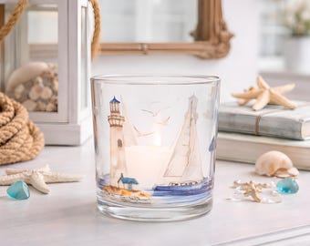 Lighthouses and Sailboats Glass Votive Holder Coastal Nautical Ocean Seaside Design Candle Decor Refillable Reusable Beach Home Accent Gift