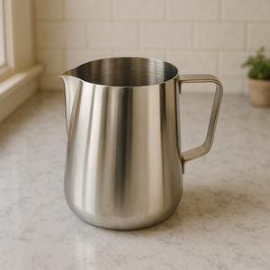 May include: A stainless steel pitcher with a curved body and a handle. The pitcher has a spout for easy pouring. The surface is smooth and reflective, with a brushed metal finish. The pitcher is designed for serving beverages.