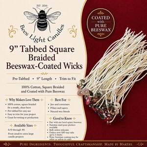 9 Inch Square Braided Series Beeswax Coated Cotton Wicks with Metal Tab Lead Free Natural Candle Making Supplies Equipment Long # Number NEW image 3