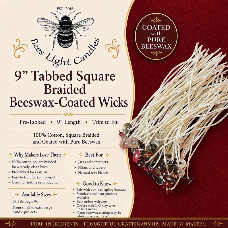 9 Inch Square Braided Series Beeswax Coated Cotton Wicks with Metal Tab Lead Free Natural Candle Making Supplies Equipment Long # Number NEW image 3