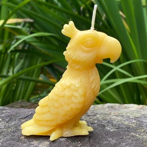 May include: A yellow parrot-shaped candle with a white wick. The candle is detailed with feathers and a curved beak. The candle is sitting on a gray stone surface with green foliage in the background.