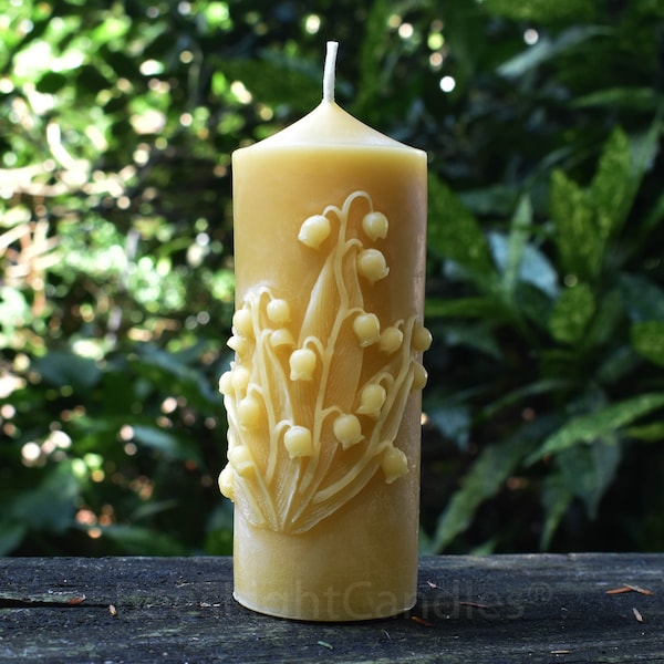 Bell Flower BEESWAX PILLAR Candle Lily of the Valley / 100% Clean Natural Bees Wax / Cylinder Floral Bells Viney Plant Design / Large Pillar