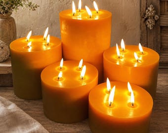 Beeswax Pillar Candles Six Inch Wide / 100% Pure Natural Beeswax / 5 Sizes / Honey Aroma / Large Cylinder / Centerpiece / Multiple 4 Wick