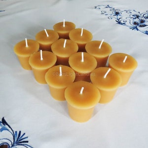 A Dozen Handmade 100% All Natural Beeswax Votive Candles with Cotton Wicks / Handmade in the USA / Set of 12 Votives / Each Candle is 2 oz