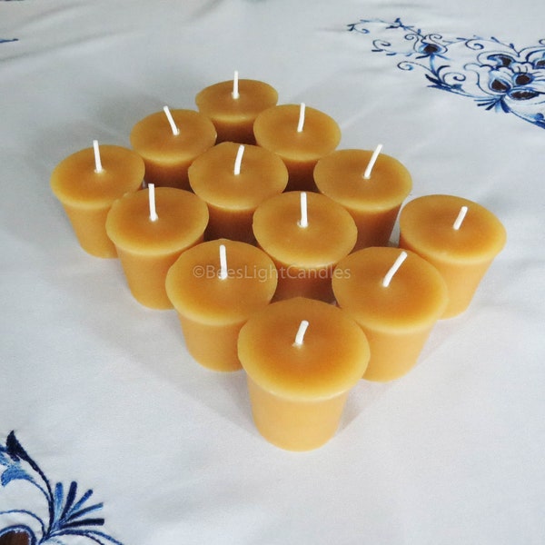 A Dozen Handmade 100% All Natural Beeswax Votive Candles with Cotton Wicks / Handmade in the USA / Set of 12 Votives / Each Candle is 2 oz