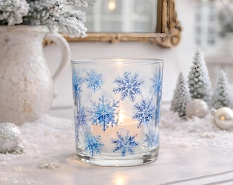 Snowflakes Glass Votive Holder Winter Frosted Crystal Design Holiday Candle Decor Refillable Reusable Seasonal Home Accent Snowy Cozy Gift