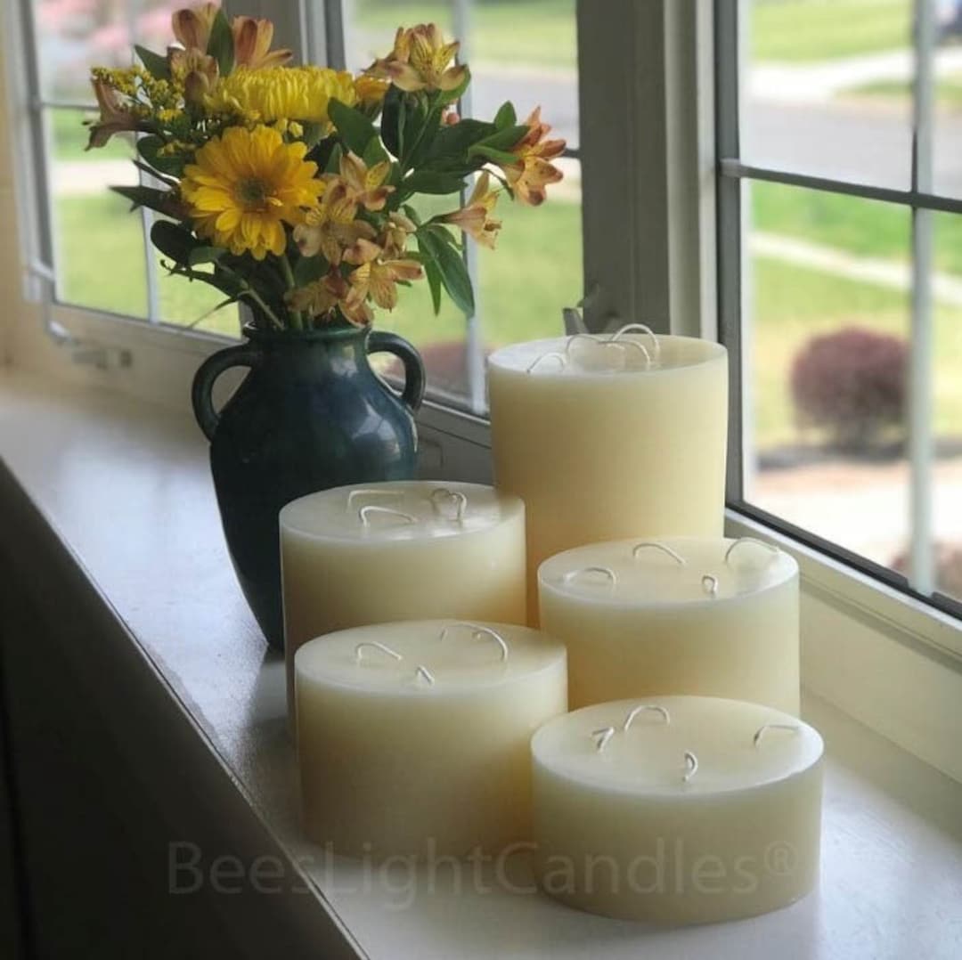 BEESWAX PILLAR Candle 6 Inch Wide / Giant White Bees Wax 4 Wick Candle