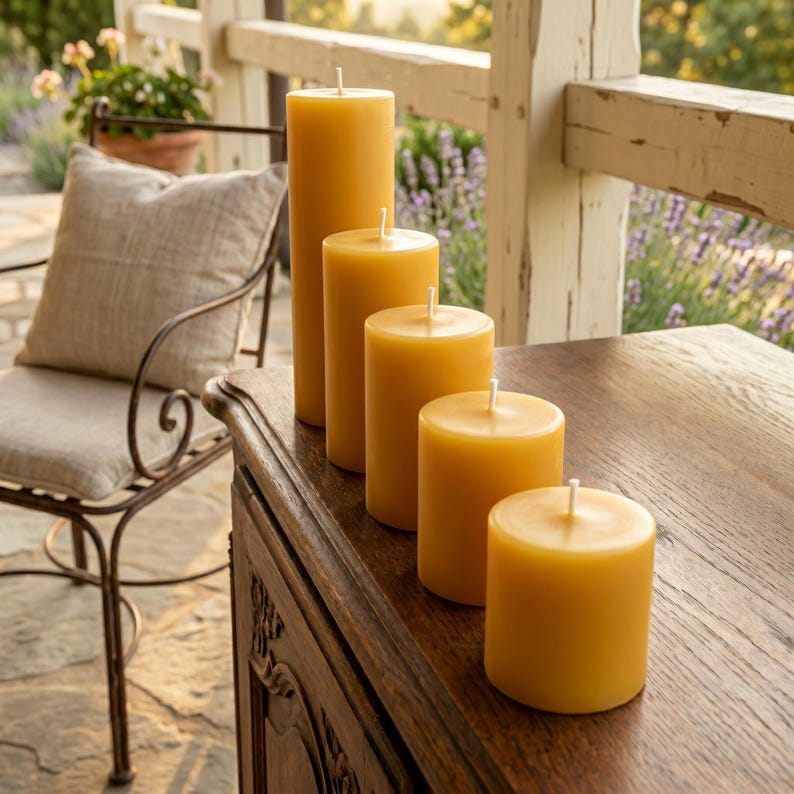 May include: A collection of five yellow pillar candles of varying heights, arranged on a dark wooden surface. Each candle has a white wick. The candles are set outdoors, with a chair and greenery in the background.