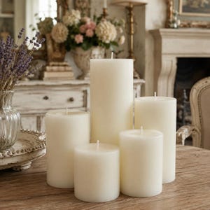 May include: Five ivory-colored pillar candles of varying heights are arranged on a wooden table. The candles have a smooth, unscented appearance and are unlit. The scene is set in a room with antique furniture and floral arrangements.