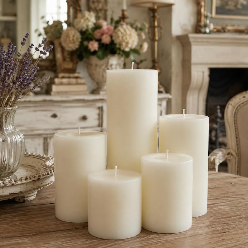 May include: Five ivory-colored pillar candles of varying heights are arranged on a wooden table. The candles have a smooth, unscented appearance and are unlit. The scene is set in a room with antique furniture and floral arrangements.