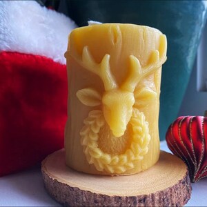 Reindeer Beeswax Pillar / Part of Set / X-mas Wreath / Natural Bees Wax Candles / Holiday Animal / Pine / Antlers / Decoration / Deer / Stag