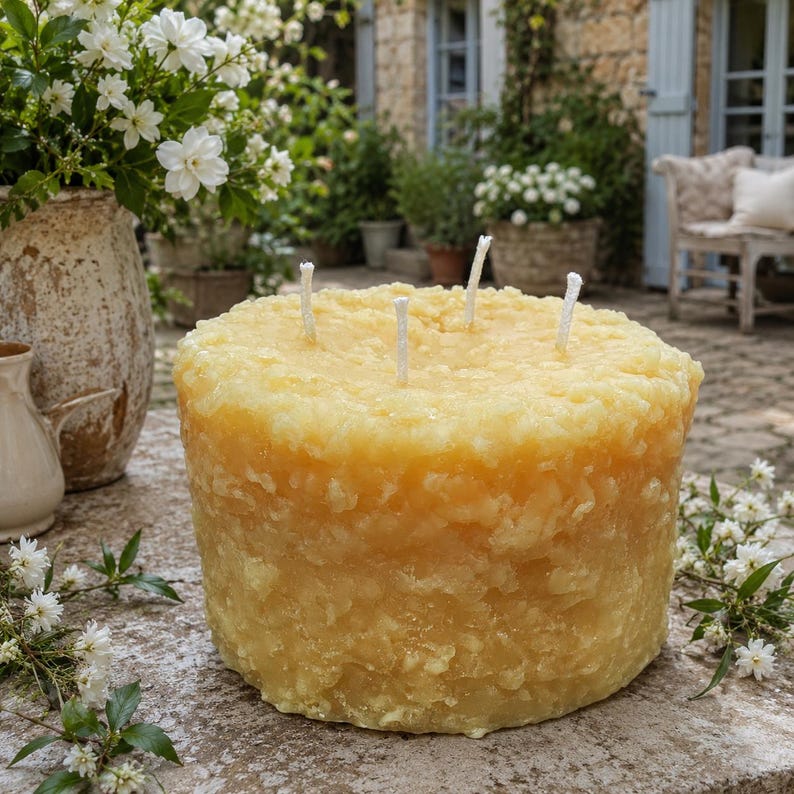 May include: A large, cylindrical, golden-yellow beeswax candle with a textured, granular surface. The candle features four white cotton wicks protruding from the top. The wax has a semi-translucent appearance with visible crystalline patterns.