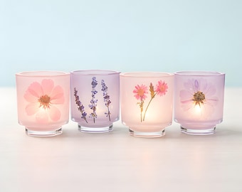 Pressed Flower Frosted Glass Votive Candle Holders Set of 4 Floral Candle Cups Botanical Wedding Decor Optional Handmade Beeswax Tealights
