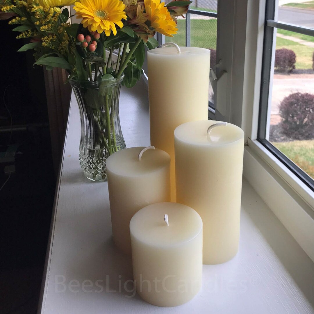 4 BEESWAX Pillar Candle Set / All NATURAL White Bees Wax / Lead Free
