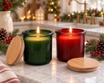 Christmas Beeswax Candle Set, Crimson & Evergreen Spanish Recycled Glass with Bamboo Lids, Hand Poured USA, Holiday Gifts, Red Green Decor