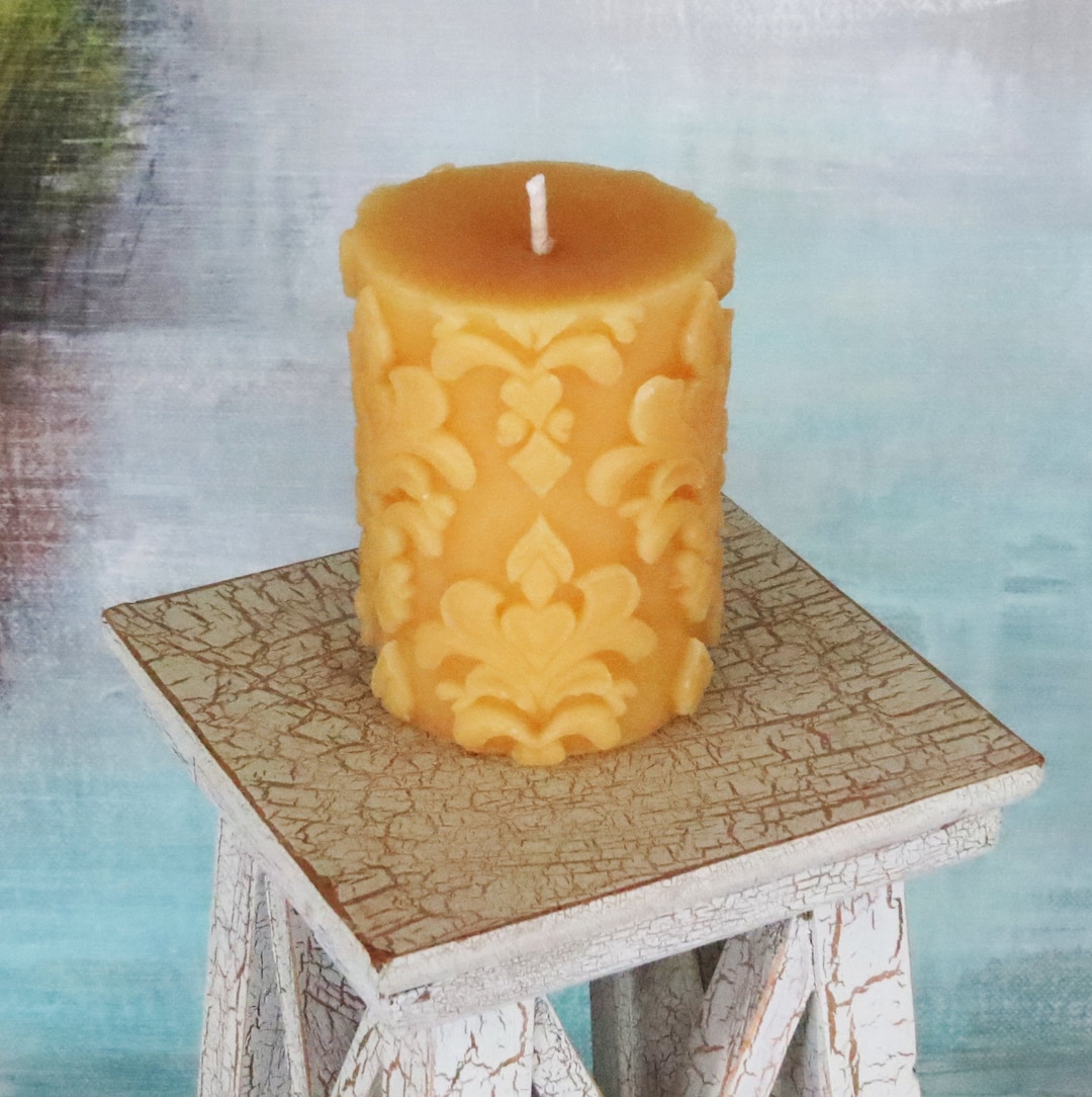 100 Beeswax Fleur De Lis Pillar Candle / Handmade USA / Pure All