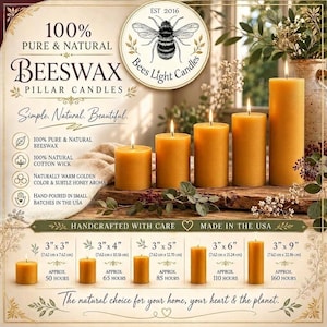 May include: Beeswax pillar candles in varying heights, with flames lit. The candles are golden yellow, and the image includes text that reads "100% Pure & Natural Beeswax" and "Handcrafted with Care Made in the USA."