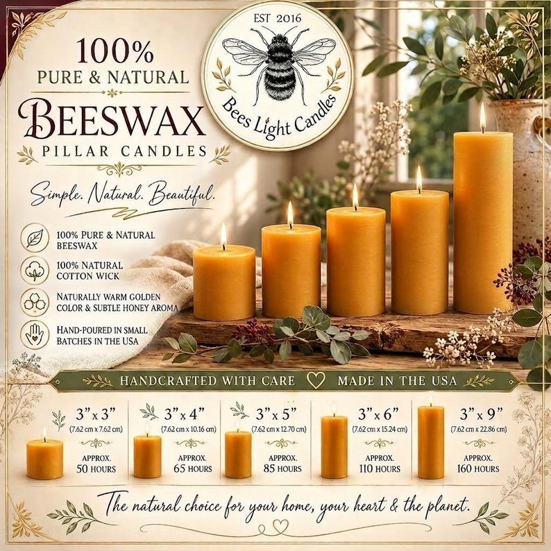 May include: Beeswax pillar candles in varying heights, with flames lit. The candles are golden yellow, and the image includes text that reads "100% Pure & Natural Beeswax" and "Handcrafted with Care Made in the USA."