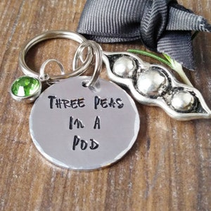 Triplet Mummy Keyring, 3 Peas In A Pod Hand Stamped Keychain, Personalised Best Friend Gifts, image 4