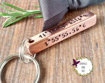 Personalised 3D Solid Copper Bar Keychain, 7th Anniversary Coordinates Gifts,