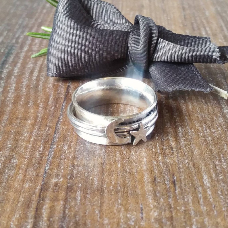 Spinner Ring Sterling Silver Wide Band Moon And Star Anxiety Jewellery,
