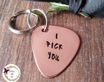 Personalised Copper Guitar Pick Keyring, 7th Annniversary Gifts, Valentine's Day I Pick You,