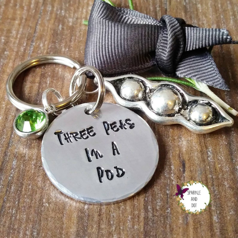 Triplet Mummy Keyring, 3 Peas In A Pod Hand Stamped Keychain, Personalised Best Friend Gifts, image 1