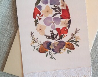 Pressed flower egg card. Easter greeting card. Handmade unique botanical card. Christian gift card. Colorful egg card. Floral collage.