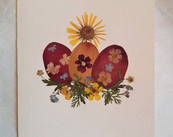 Decorated egg  greeting card. Colorful Easter card. Pressed flower egg card. Handmade flower card. Christian Easter gift.