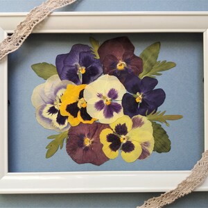 May include: A framed pressed flower art piece featuring a bouquet of purple, yellow, and white pansies on a blue background.