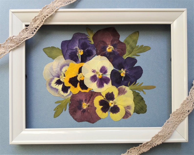 May include: A framed pressed flower art piece featuring a bouquet of purple, yellow, and white pansies on a blue background.