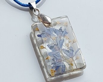 Spring flower resin pendant. Blue wild flower necklace. Rectangular handmade pendant. Botanical jewelry gift for Her. Nature inspired gift.