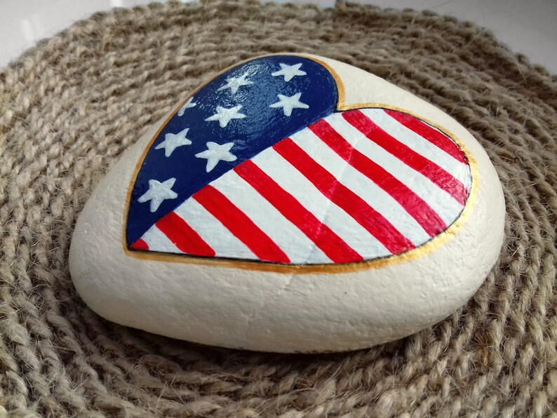 Patriotic Heart Hand Painted Rocks American Flag Star Painted Etsy