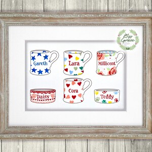 May include: A framed print of six mugs with different patterns and names. The mugs are arranged in two rows of three. The top row features mugs with names Gareth, Lara, and Millicent. The bottom row features mugs with names Daisy, Cora, and Teddy.