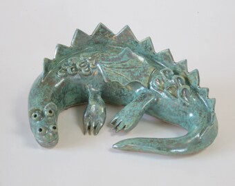 Ceramic dragon ornament with a green turquoise glaze with metallic effect, ideal gift for Christmas and birthdays
