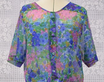 1980s Jacques Vert blue, pink and green floral sheer button-up tie waist short sleeve blouse