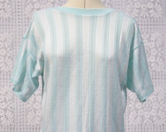 1980s mint green vertical striped short sleeve jumper