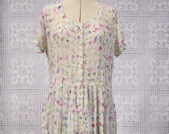 Y2K St Michael cream and pink gingham floral button through short sleeve maxi dress