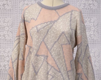 1980s pale pink and light blue abstract geometric pattern jumper