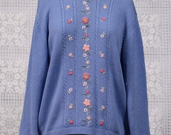 1990s Tulchan blue and pink embroidered floral jumper