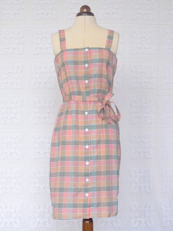 1990s style pink, grey and peach plaid strappy mi… - image 1