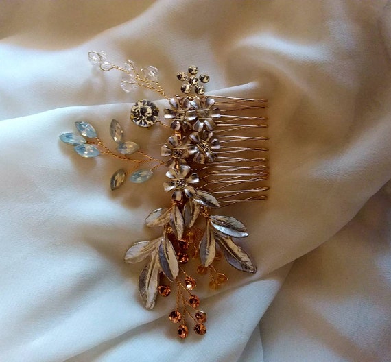 GOLD WEDDING Hair Comb Stunning Flower Leaf Chrys… - image 5