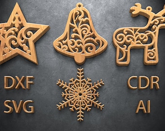 Jouet d'arbre de Noël, décorations, bois et papier découpés au laser CNC File Vector Art DXF CAD Silhouette Cameo Template modèle de forme souvenir