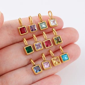 Gold Plated Birthstone Charm, Square Birthstone Charm, Birth Month Stone Charm, CZ Gem Charm, Personalized Jewelry, Jewelry Charm