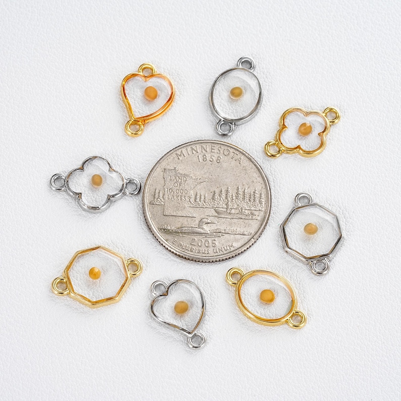 Pu&ograve; includere: Una collezione di ciondoli a tema seme in varie forme, tra cui cuori, ovali e fiori. Alcuni ciondoli hanno cornici color oro, altri sono argentati. Una moneta da un quarto di dollaro statunitense &egrave; al centro, come riferimento delle dimensioni.