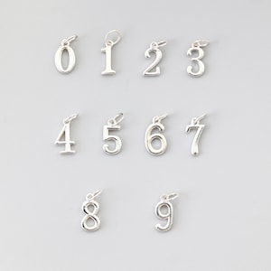Può includere: Una collezione di ciondoli numerici color argento, ciascuno con un piccolo anello per attaccarlo a una collana o un braccialetto. Sono visualizzati i numeri da 0 a 9, perfetti per gioielli personalizzati. I ciondoli sono su sfondo grigio chiaro.